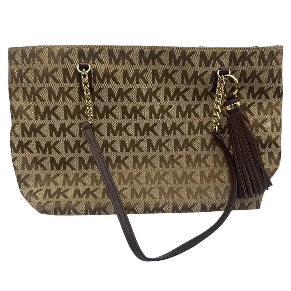 Michael Kors Tote Bag Women Large Brown MK Signature Monogram Canvas Tassel